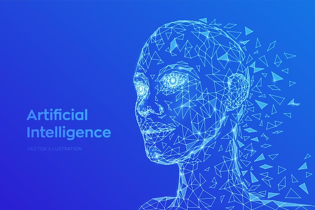 Ии. концепция искусственного интеллекта. низкополигональная абстрактное цифровое человеческое лицо. человеческая голова в цифровой компьютерной интерпретации робота. концепция робототехники. концепция трехмерной многоугольной головы. векторная иллюстрация.