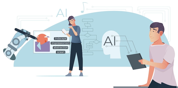 Free Vector ai generated flat composition with doodle human characters working with neural networks to create various content vector illustration