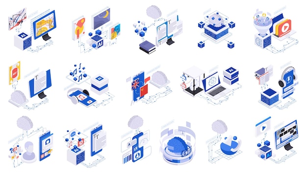 Free vector ai powered content creation and generated art isometric set isolated vector illustration