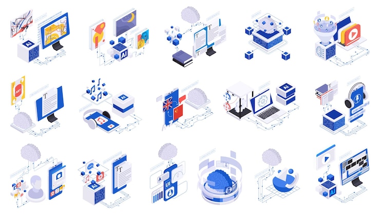 Free Vector ai powered content creation and generated art isometric set isolated vector illustration