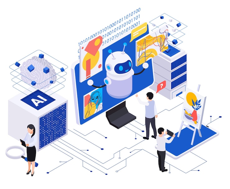 Free Vector ai powered content creation isometric composition with human characters and cute robot generating art on computer screen 3d vector illustration