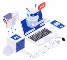 Free vector ai powered content creation isometric concept with chatbot on laptop screen 3d vector illustration