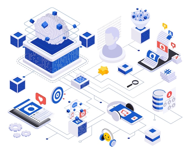 Free vector ai powered content creation isometric flowchart with artificial intelligence technologies creating music generating ideas vector illustration