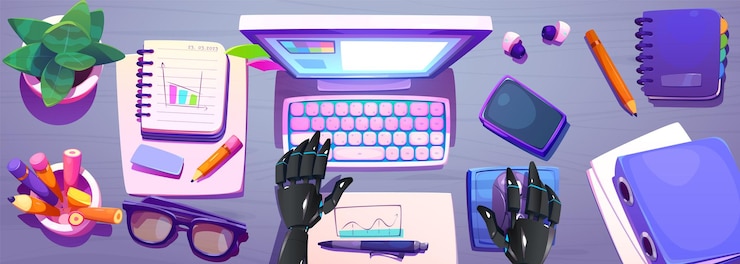 Free Vector ai robot typing in office desktop table top view vector background desk workspace with computer artificial intelligence bot assistance for cybersecurity cyborg chatbot with keyboard above concept