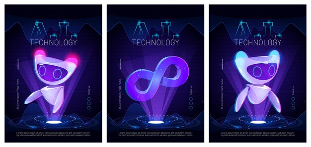 ai technology posters with cute robot character artificial intelligence in science and business smart machine concept cartoon illustration with futuristic bot