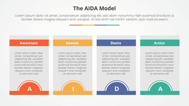 AIDA marketing model infographic concept for slide presentation with box table and half circle badge at bottom with 4 point list with flat style