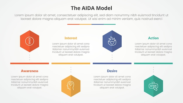 Free vector aida marketing model infographic concept for slide presentation with hexagon or hexagonal shape timeline style with 4 point list with flat style