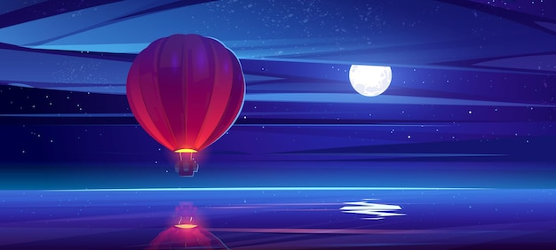 Воздушный шар, летящий над морской водой в ночном небе с фоном пейзажа полной луны, звезд и облаков. Воздушное путешествие с прекрасным видом на океан. Путешествие, приключения мультфильм векторные иллюстрации