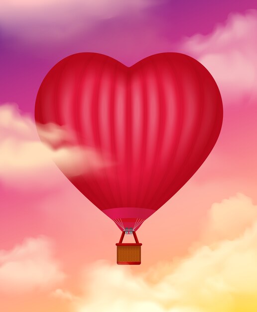 Air baloon in heart shape realistic  with clouds