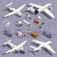 Free vector air cargo isometric icons set with aircraft logistic symbols isolated vector illustration