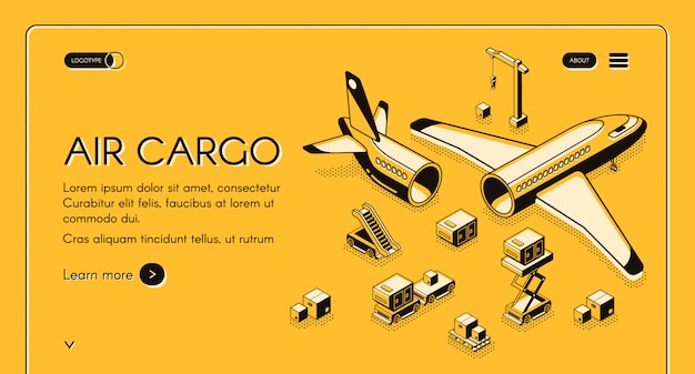 Air cargo logistics and freight delivery illustration in isometric black thin line on yellow