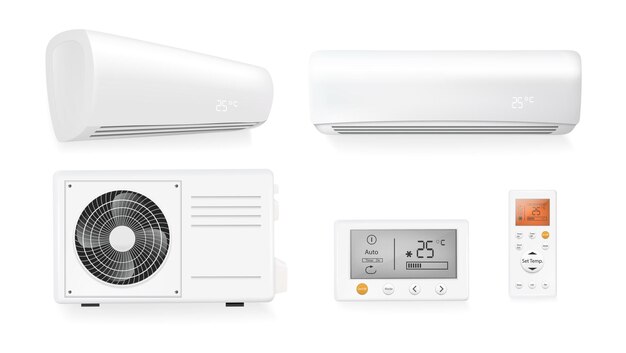 air conditioner split control system with remote realistic set isolated vector illustration