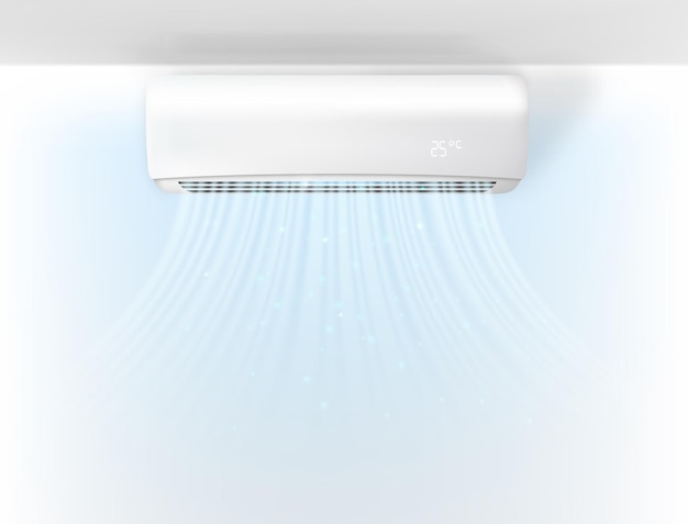 Vettore gratuito condizionatore d'aria con flussi di aria fredda sulla parete illustrazione vettoriale realistica