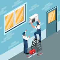 Free vector air conditioning isometric composition with handymen installing cooler vector illustration