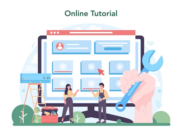 에어컨 서비스 온라인 서비스 또는 플랫폼 수리공 설치 컨디셔너 검사 및 수리 온라인 자습서 벡터 일러스트 레이 션