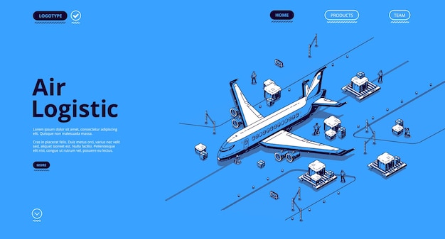Free vector air logistics isometric landing page. airplane transport global delivery company service, cargo import export by plane, aircraft goods world transportation business, 3d