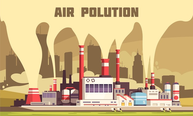 Free vector air pollution flat composition with harmful emissions from tubes of big energy plant illustration