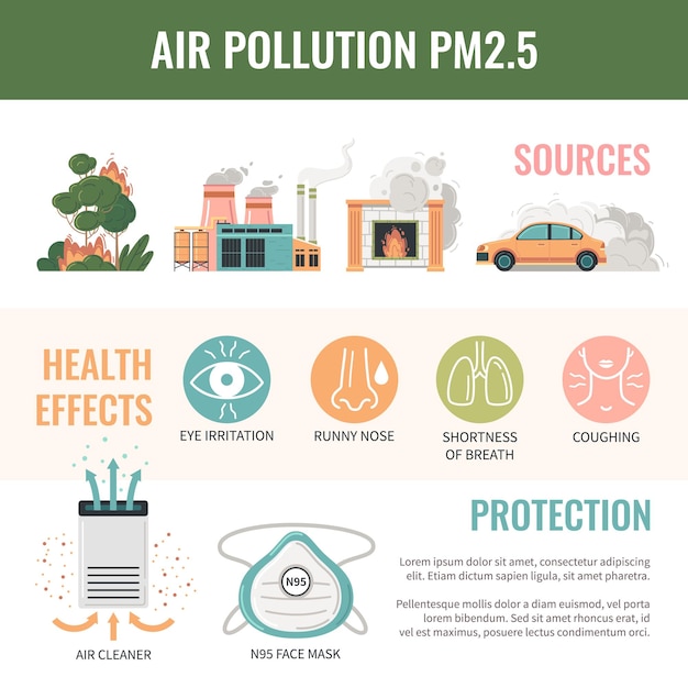 Free vector air pollution pm2.5 particles flat infographics with round icons for health effects sources and protection with text vector illustration