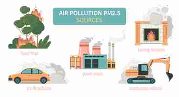 無料ベクター 大気汚染 pm2.5 粒子は、森林発電所のベクトル図を燃やす車両と分離アイコンのセットを含むフラット インフォ グラフィック