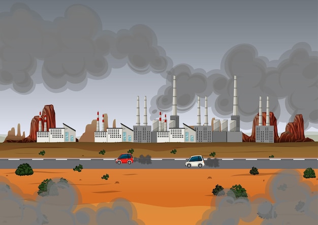 Бесплатное векторное изображение Загрязнение воздуха заводом и автомобилями