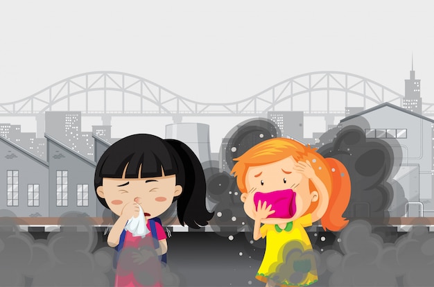 Free vector air pollution with two girls in dirty smoked city