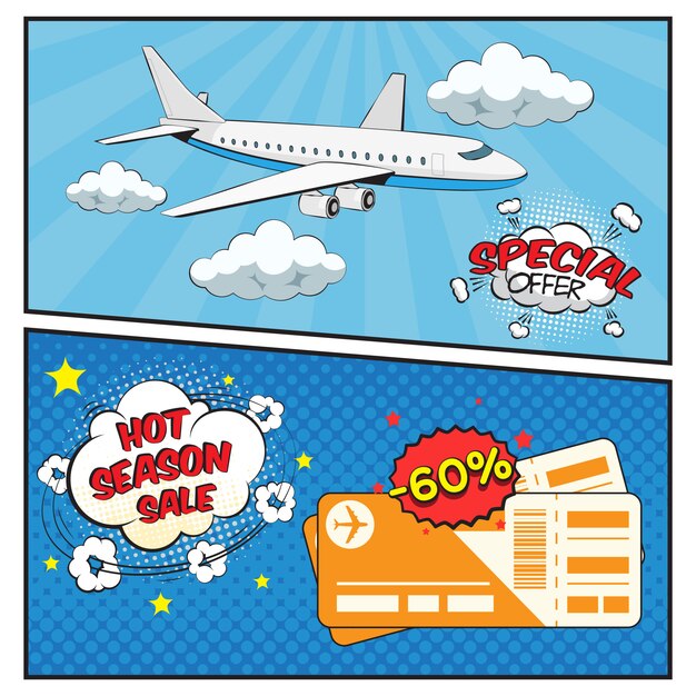 Free Vector air tickets sale comic style banner set