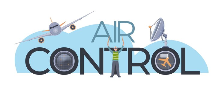 Free Vector air traffic control flat text with aviation marshaller satellite and radars vector illustration