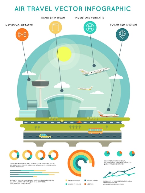 Vettore gratuito modello di infographic di vettore di viaggio aereo con aeroporto e aeromobili. trasporti e viaggi, compagnia aerea di trasporto