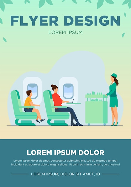 Free vector air trip with comfort flat vector illustration. passengers waiting for airline meal. people travelling by plane and sitting near airplane window. airline, tourism and journey concept.