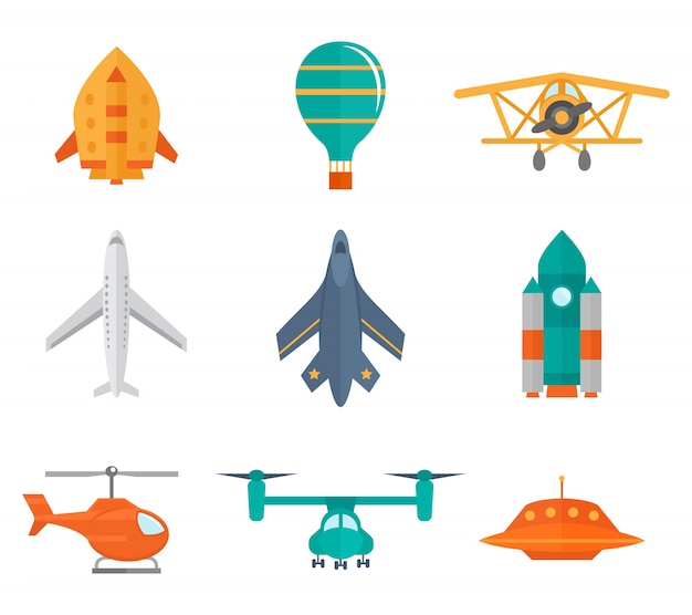 Free vector aircraft icons flat set of space rocket propeller airplane ufo isolated vector illustration