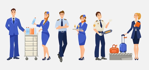 Free vector airplane or airline staff cartoon illustration set. stewardess, steward, pilot, male and female flight attendant in uniform, passenger going through airport security.  aviation, aircraft crew concept