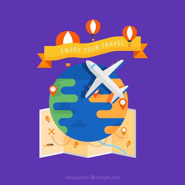 Free vector airplane background with map and hot air balloons in flat design