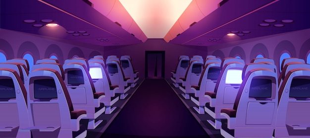 Vettore gratuito cabina dell'aeroplano con posti a sedere e schermi all'interno vista