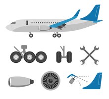 Airplane and different parts flat vector illustrations set. aircraft factory, jet, wrenches, wheels, engine for plane repair work or airport. maintenance, aerospace or aviation industry concept
