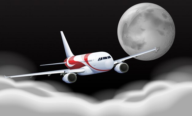 Airplane flying in the fullmoon