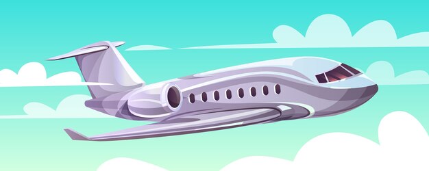 Самолет, летящий в небо Иллюстрация мультфильм современный самолет в облаках для турагентства