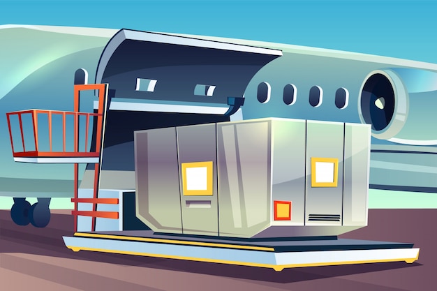 Vettore gratuito illustrazione di caricamento del trasporto dell'aeroplano di logistica del carico aereo.