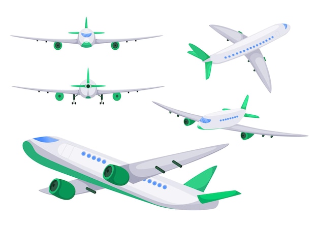 Vettore gratuito illustrazione piana dell'aeroplano da diverse angolazioni