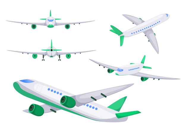 Airplane from different angles flat illustration