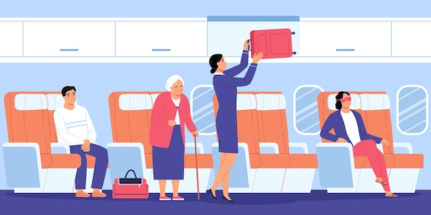 Free vector airplane interior flat concept with stewardess and passengers vector illustration