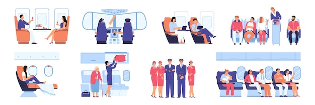 Free vector airplane interior flat icons set with cabin crew and passengers isolated vector illustration