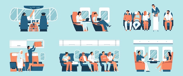 Free vector airplane interior flat icons set with passengers and aircraft staff isolated vector illustration