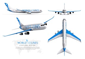 airplane realistic identity set of world airlines in various views isolated