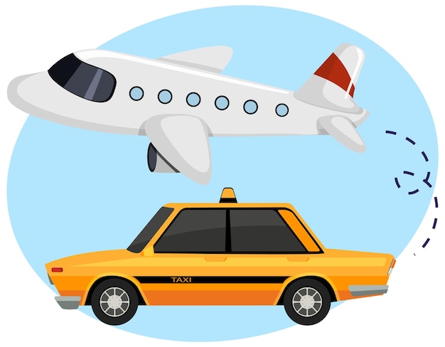 Airplane with taxi car in cartoon style