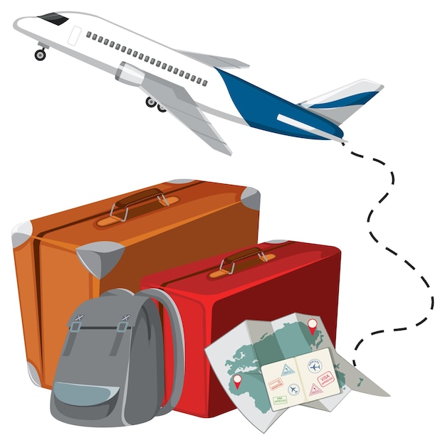 Free vector an airplane with travel luggage on white background