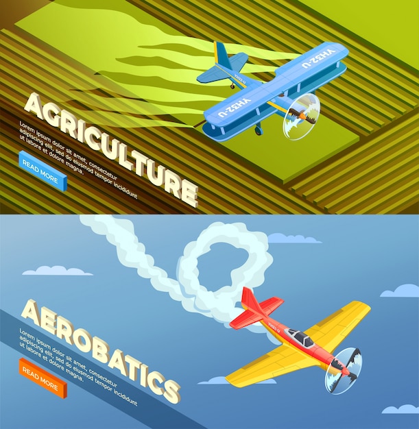 Бесплатное векторное изображение Самолет из вертолетов изометрической баннер с кнопкой «читать дальше» и изображениями сельскохозяйственных