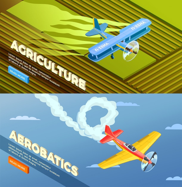 Airplanes helicopters isometric banner with read more button and images of agricultural