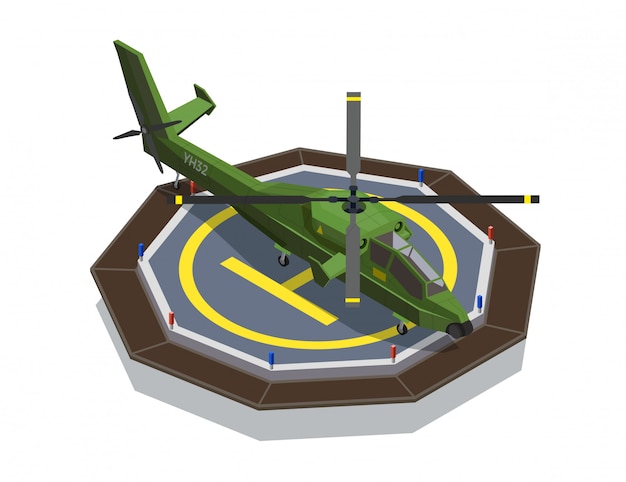 Изометрическая композиция самолетов-вертолетов с изображениями военного вертолета, установленного на посадочной палубе площадки приземления вертолетной площадки.