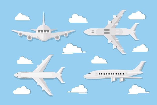 空の飛行機は正面図の側面図に白い飛行機を設定し、雲のある空の背景にもっと