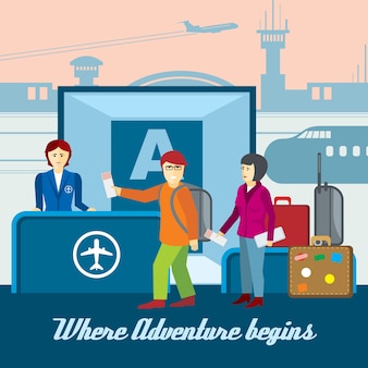 Airport background in flat style. boarding and passport control, ticket and tourism llustration. travel vector concept